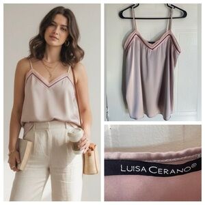 Luisa Cerano Romantic Silk Cami Size 10 Striped V-Neck Detail Luxe Tank